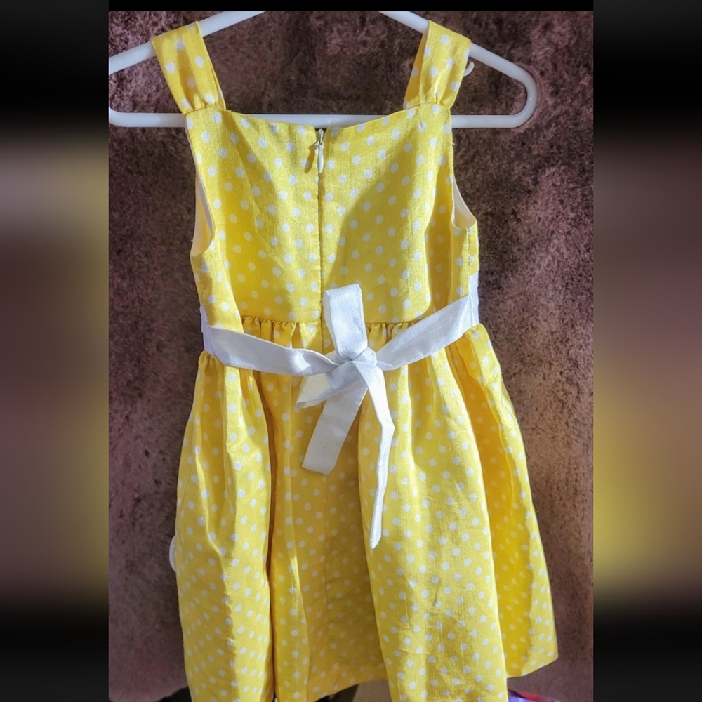 Girls Size 2T Princess Polka Dot Dress Yellow White Flowers Bow Lined Lightweigh - Picture 6 of 12